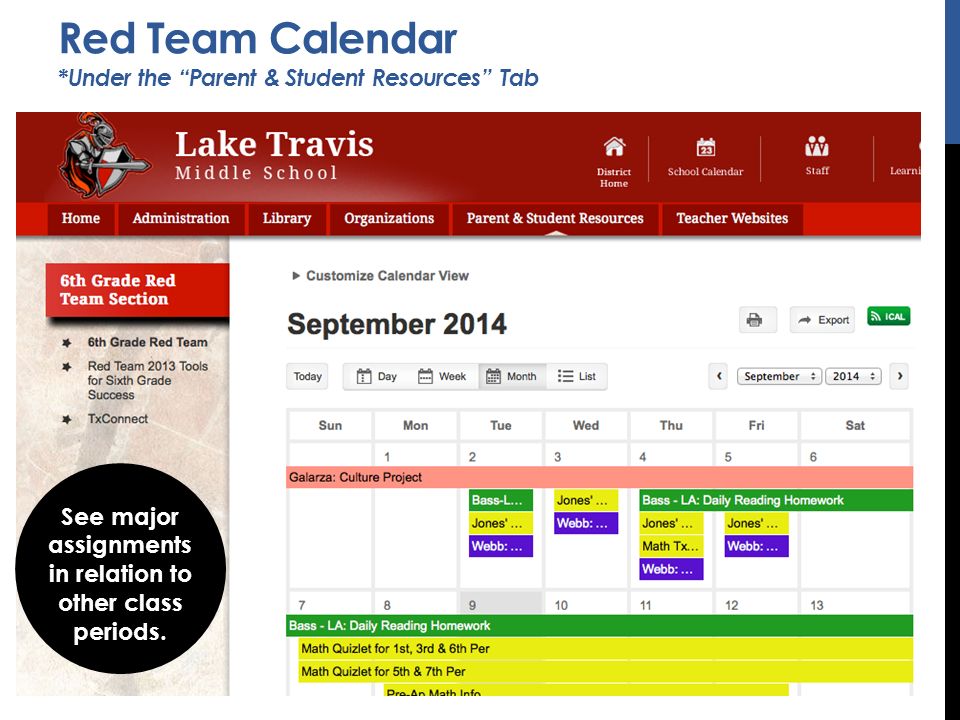 Red Team Calendar * Under the Parent & Student Resources Tab See major assignments in relation to other class periods.