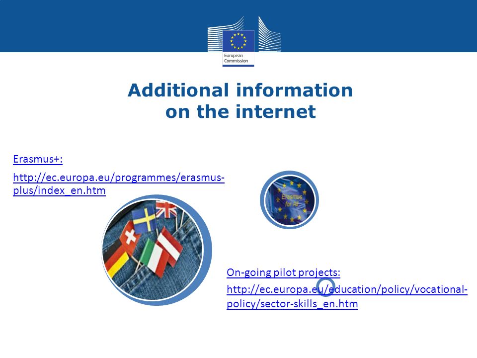 Additional information on the internet Erasmus+:   plus/index_en.htm On-going pilot projects:   policy/sector-skills_en.htm