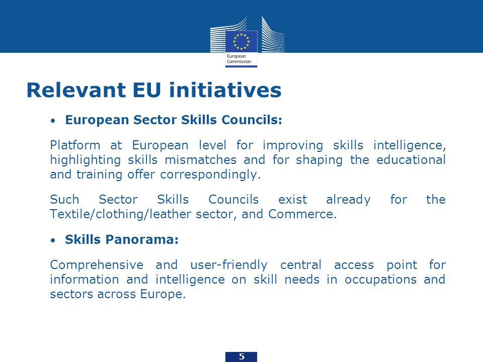 Relevant EU initiatives European Sector Skills Councils: Platform at European level for improving skills intelligence, highlighting skills mismatches and for shaping the educational and training offer correspondingly.