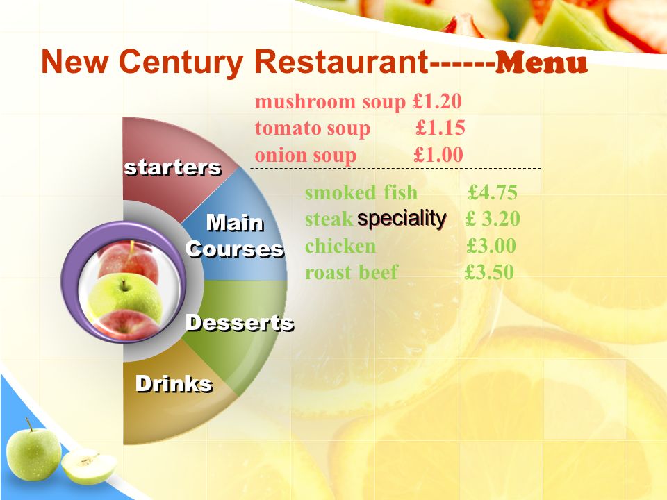 starters Drinks mushroom soup £1.20 tomato soup £1.15 onion soup £1.00 smoked fish £4.75 steak £ 3.20 chicken £3.00 roast beef £3.50 Main Courses Main Courses Desserts New Century Restaurant Menu speciality
