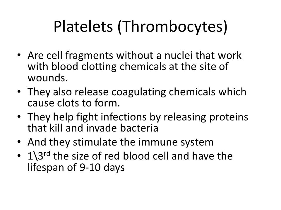 Platelets (Thrombocytes) Are cell fragments without a nuclei that work with blood clotting chemicals at the site of wounds.