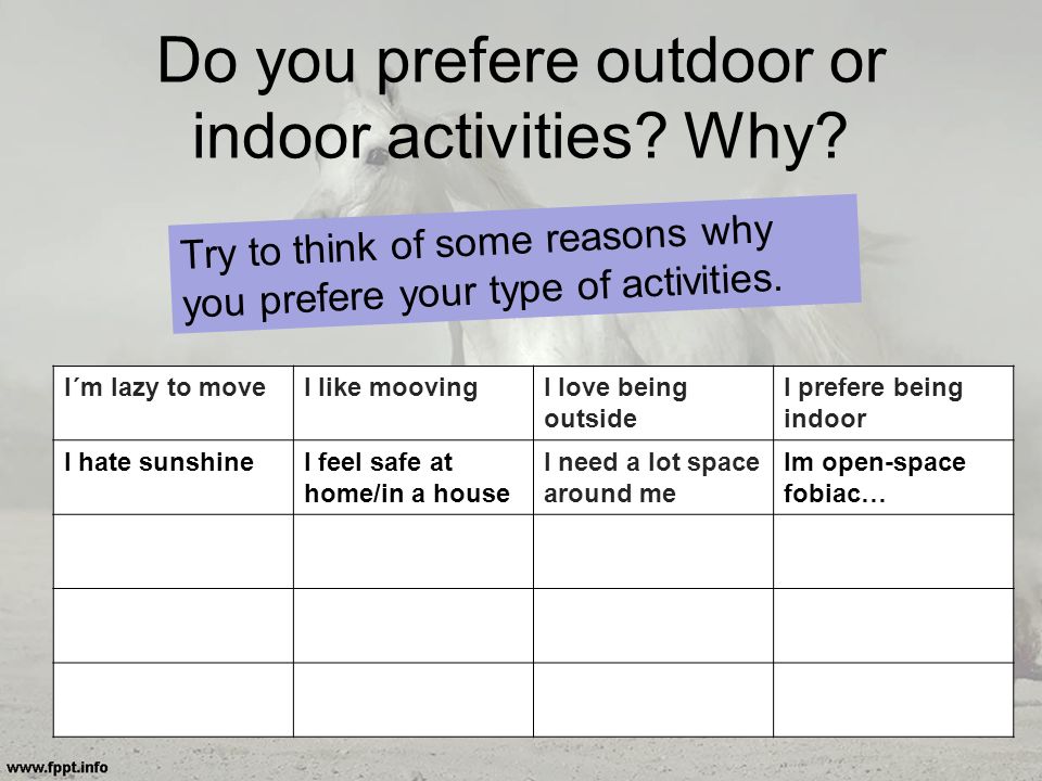 Do you prefere outdoor or indoor activities. Why.