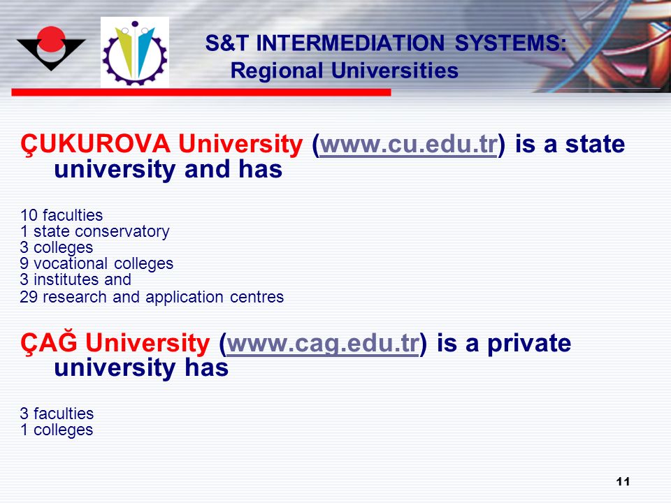 11 ÇUKUROVA University (  is a state university and haswww.cu.edu.tr 10 faculties 1 state conservatory 3 colleges 9 vocational colleges 3 institutes and 29 research and application centres ÇAĞ University (  is a private university haswww.cag.edu.tr 3 faculties 1 colleges S&T INTERMEDIATION SYSTEMS: Regional Universities