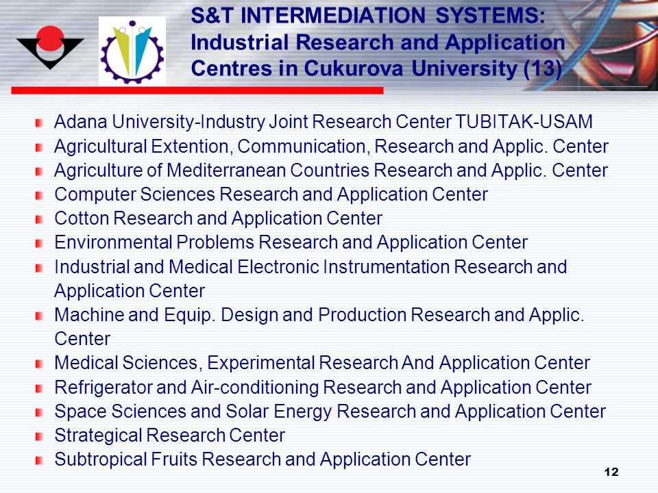 12 Adana University-Industry Joint Research Center TUBITAK-USAM Agricultural Extention, Communication, Research and Applic.