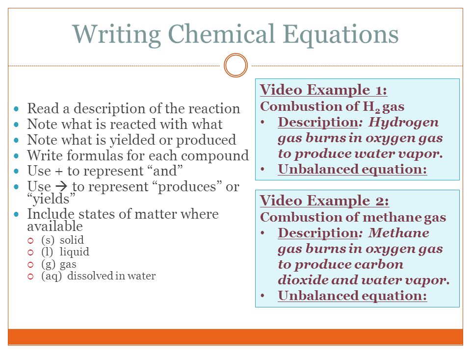 writing equations chemistry Balancing equations the chemical equation described in section 41 is balanced, meaning that equal numbers of atoms for each element involved in the reaction are represented on the reactant and product sides. writing equations chemistry Balancing equations the chemical equation described in section 41 is balanced, meaning that equal numbers of atoms for each element involved in the reaction are represented on the reactant and product sides.