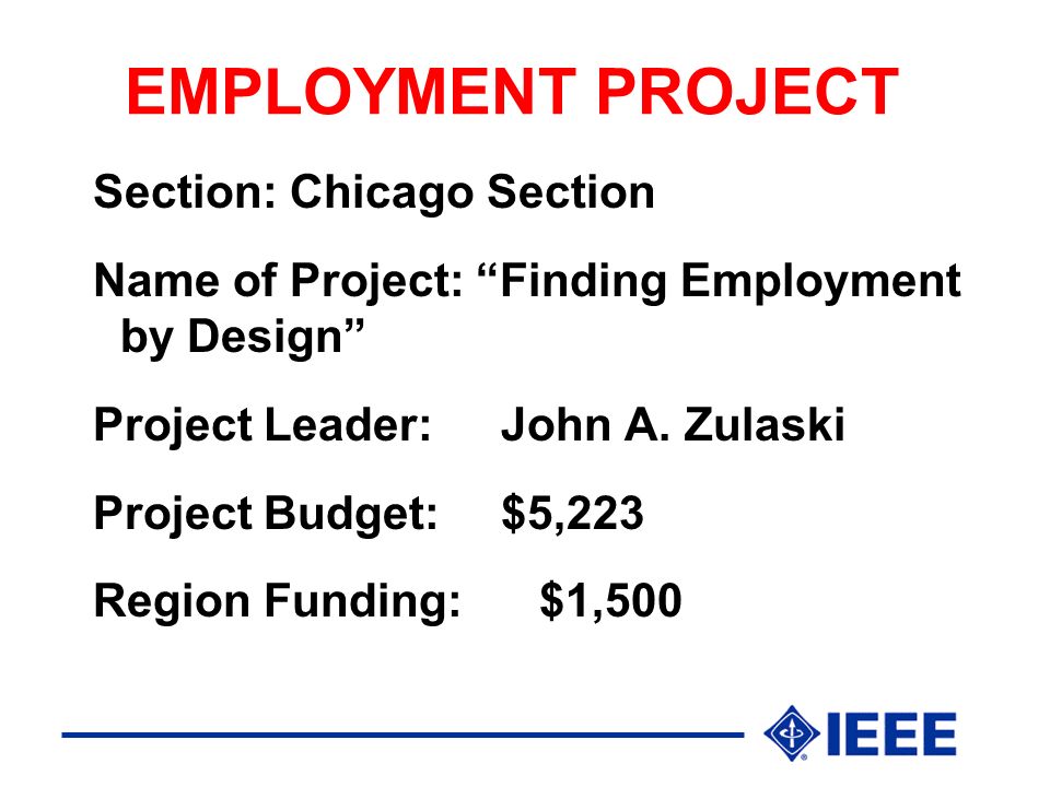 EMPLOYMENT PROJECT Section: Chicago Section Name of Project: Finding Employment by Design Project Leader:John A.