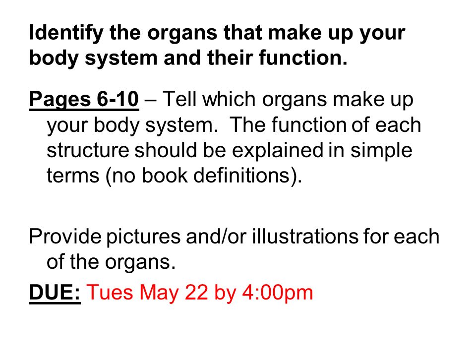 Identify the organs that make up your body system and their function.