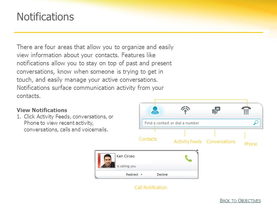 Notifications There are four areas that allow you to organize and easily view information about your contacts.