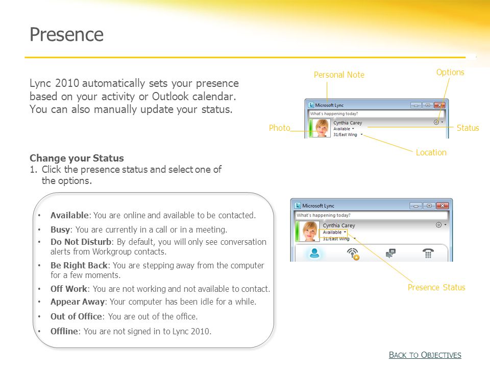 Presence Lync 2010 automatically sets your presence based on your activity or Outlook calendar.