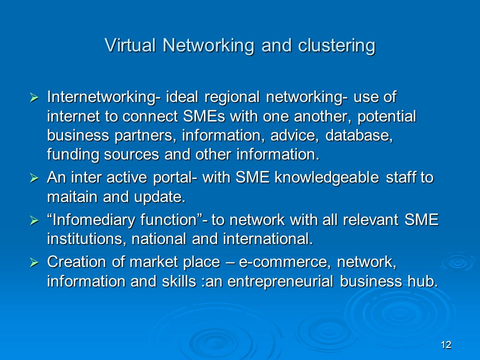 Virtual Networking and clustering  Internetworking- ideal regional networking- use of internet to connect SMEs with one another, potential business partners, information, advice, database, funding sources and other information.