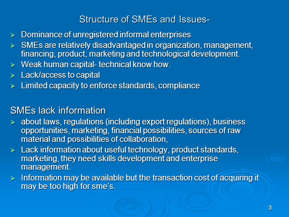 3 Structure of SMEs and Issues-  Dominance of unregistered informal enterprises  SMEs are relatively disadvantaged in organization, management, financing, product, marketing and technological development.