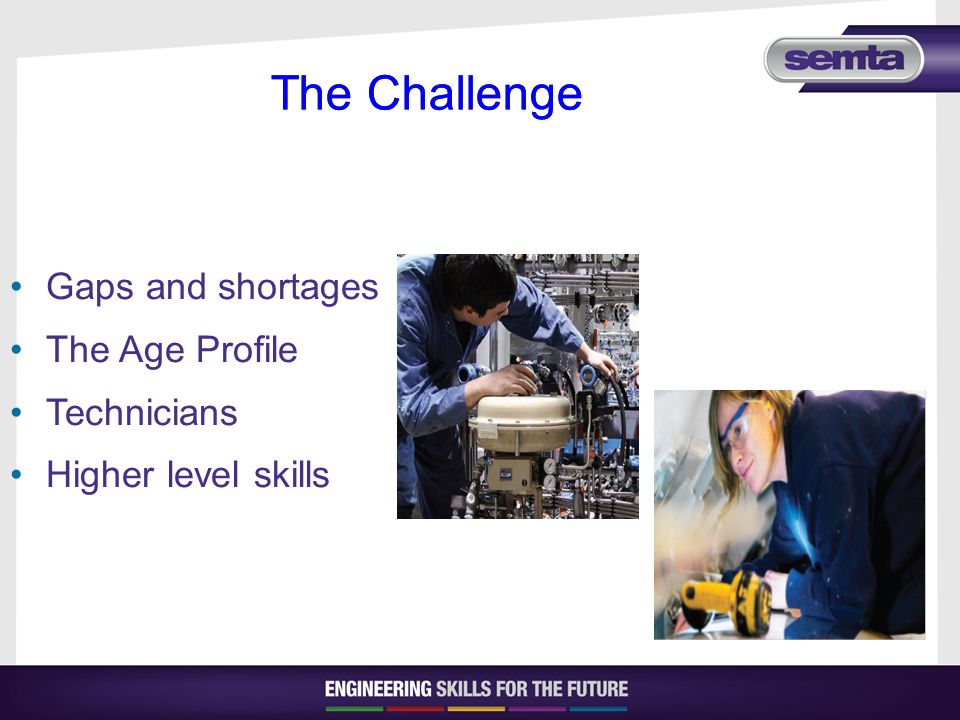 The Challenge Gaps and shortages The Age Profile Technicians Higher level skills