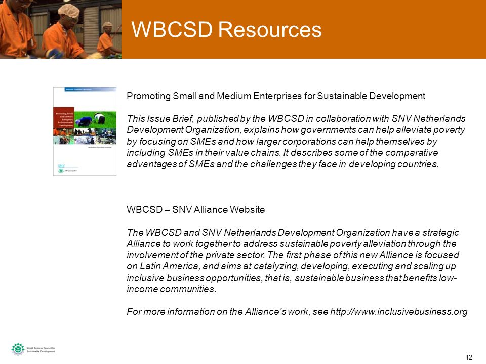 12 WBCSD Resources Promoting Small and Medium Enterprises for Sustainable Development This Issue Brief, published by the WBCSD in collaboration with SNV Netherlands Development Organization, explains how governments can help alleviate poverty by focusing on SMEs and how larger corporations can help themselves by including SMEs in their value chains.