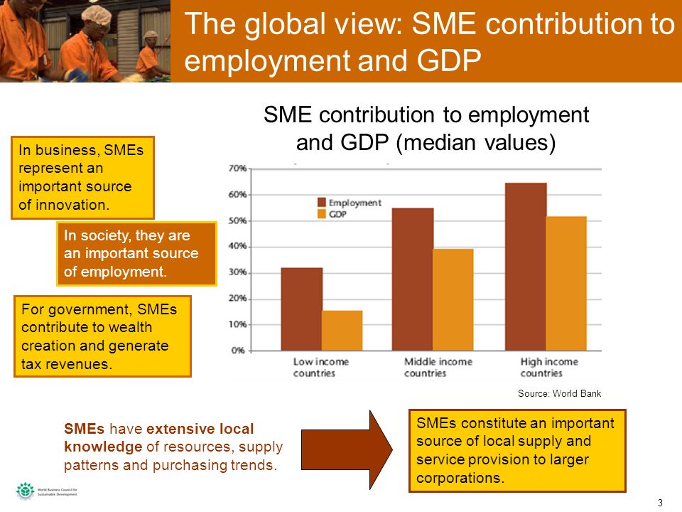 3 3 The global view: SME contribution to employment and GDP SME contribution to employment and GDP (median values) For government, SMEs contribute to wealth creation and generate tax revenues.