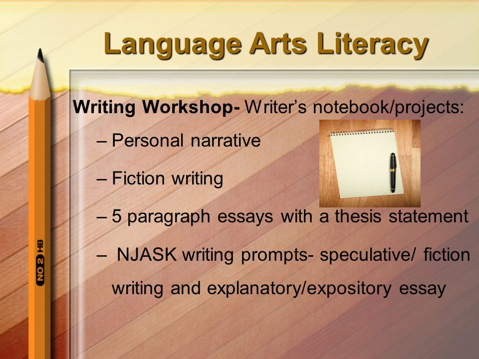 Language Arts Literacy Writing Workshop- Writer’s notebook/projects: –Personal narrative –Fiction writing –5 paragraph essays with a thesis statement – NJASK writing prompts- speculative/ fiction writing and explanatory/expository essay