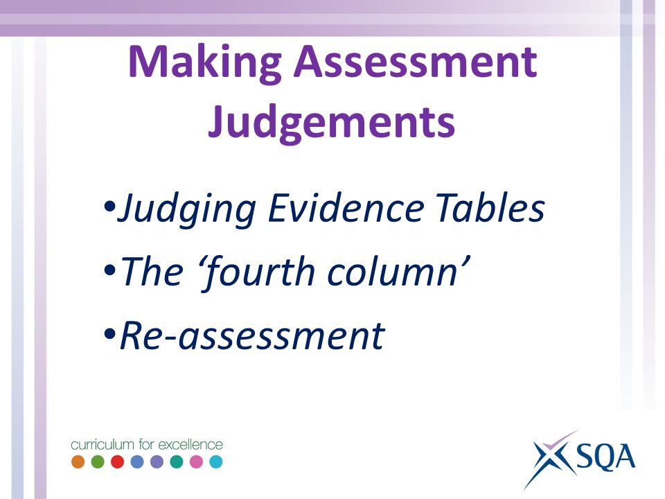 Making Assessment Judgements Judging Evidence Tables The ‘fourth column’ Re-assessment