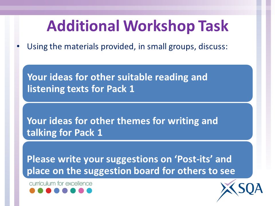 Additional Workshop Task Using the materials provided, in small groups, discuss: Your ideas for other suitable reading and listening texts for Pack 1 Your ideas for other themes for writing and talking for Pack 1 Please write your suggestions on ‘Post-its’ and place on the suggestion board for others to see
