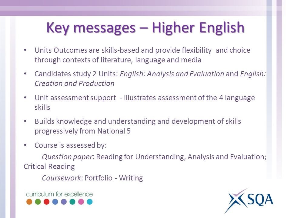 Units Outcomes are skills-based and provide flexibility and choice through contexts of literature, language and media Candidates study 2 Units: English: Analysis and Evaluation and English: Creation and Production Unit assessment support - illustrates assessment of the 4 language skills Builds knowledge and understanding and development of skills progressively from National 5 Course is assessed by: Question paper: Reading for Understanding, Analysis and Evaluation; Critical Reading Coursework: Portfolio - Writing Key messages – Higher English