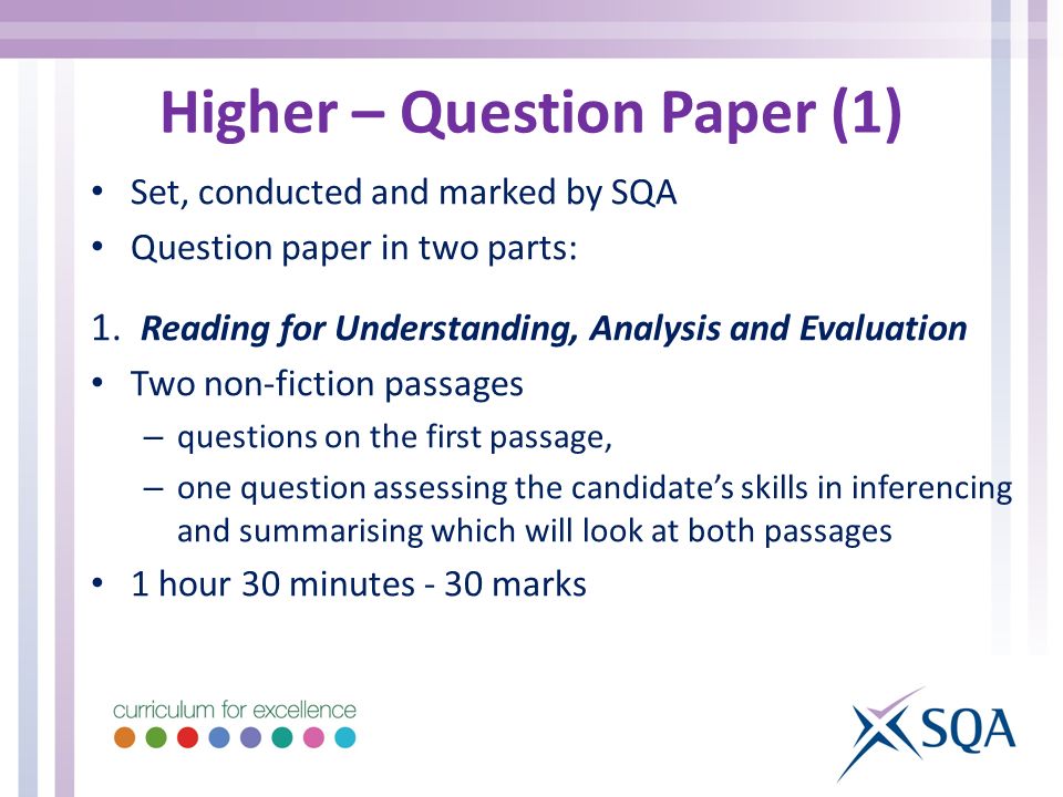 Higher – Question Paper (1) Set, conducted and marked by SQA Question paper in two parts: 1.