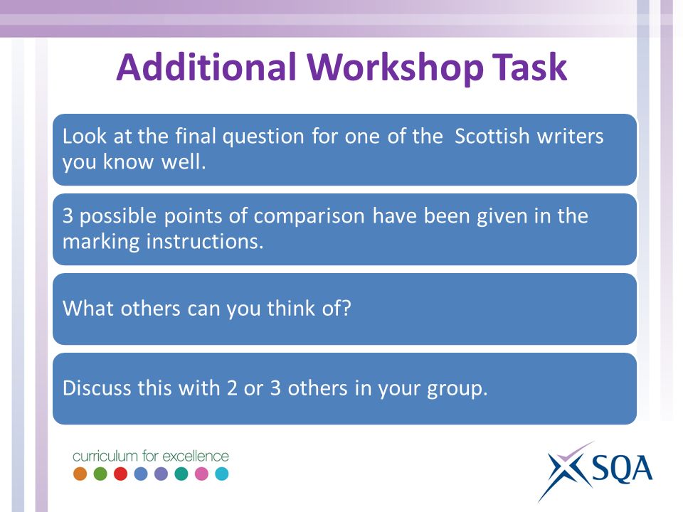 Additional Workshop Task Look at the final question for one of the Scottish writers you know well.
