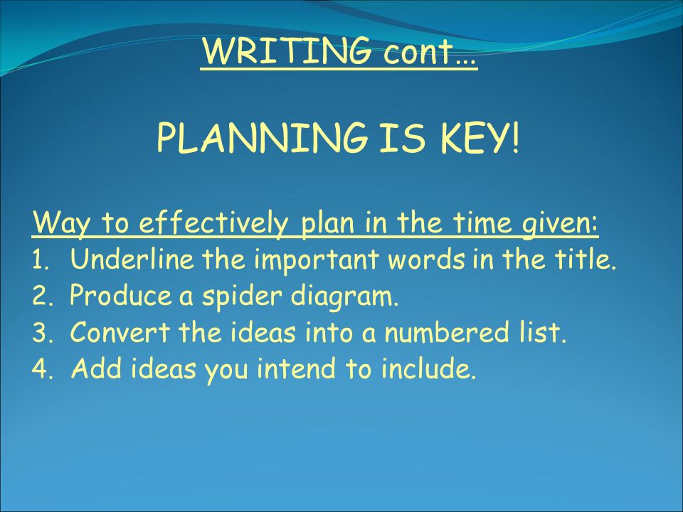 WRITING cont… PLANNING IS KEY. Way to effectively plan in the time given: 1.