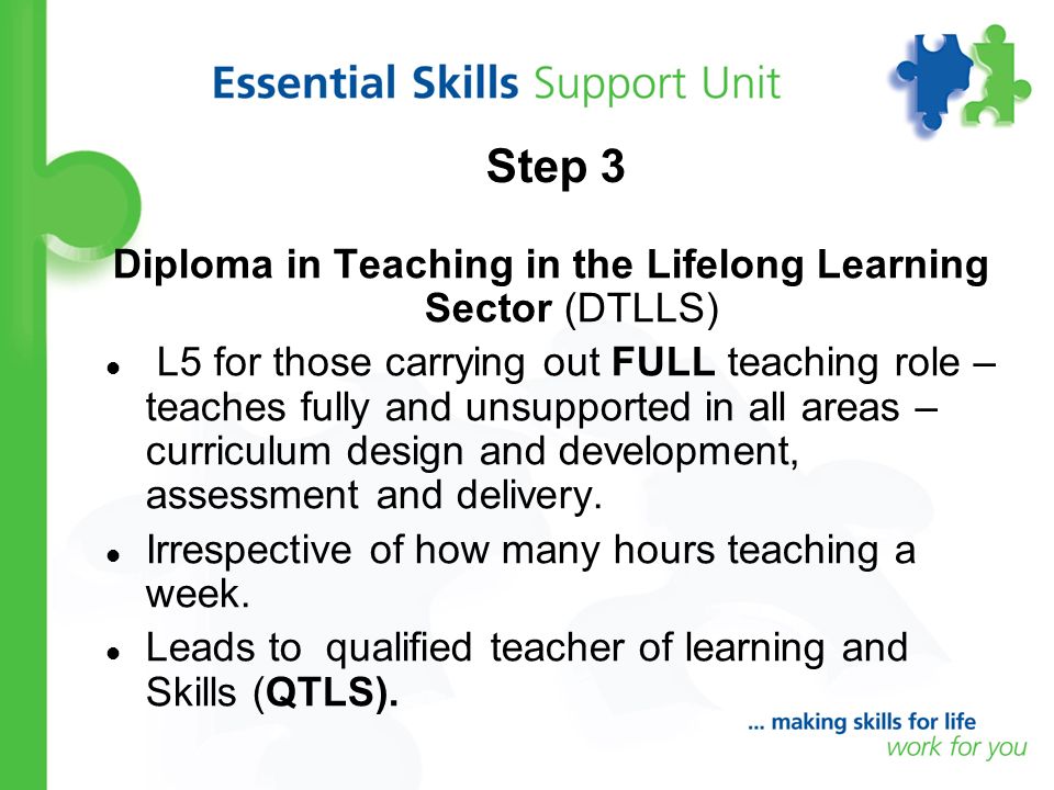 Step 3 Diploma in Teaching in the Lifelong Learning Sector (DTLLS) L5 for those carrying out FULL teaching role – teaches fully and unsupported in all areas – curriculum design and development, assessment and delivery.