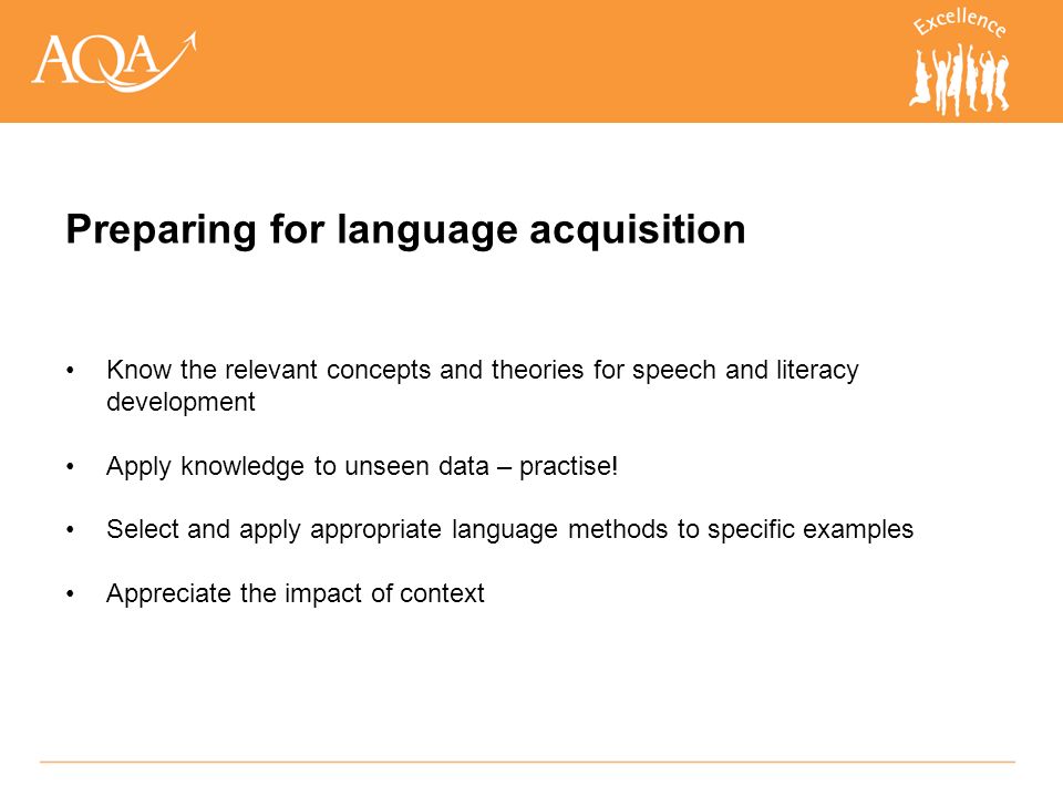 Know the relevant concepts and theories for speech and literacy development Apply knowledge to unseen data – practise.