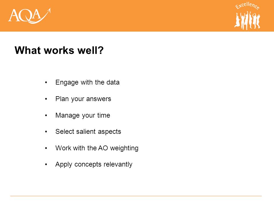Engage with the data Plan your answers Manage your time Select salient aspects Work with the AO weighting Apply concepts relevantly What works well