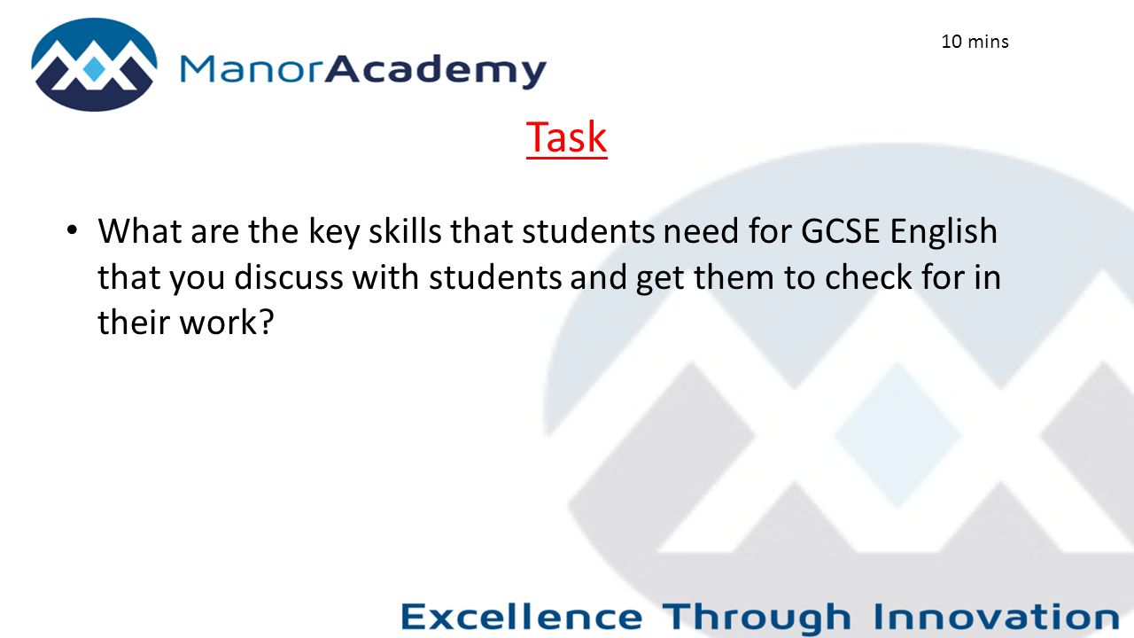 Task What are the key skills that students need for GCSE English that you discuss with students and get them to check for in their work.