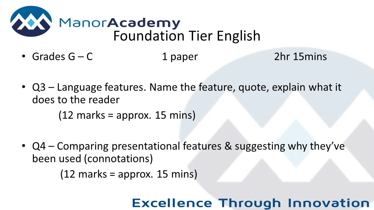 Foundation Tier English Grades G – C 1 paper2hr 15mins Q3 – Language features.