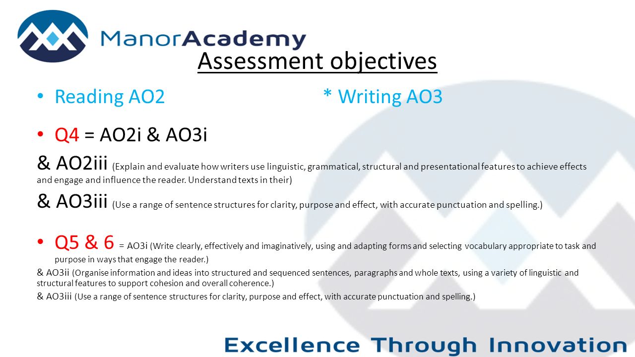 Assessment objectives Reading AO2* Writing AO3 Q4 = AO2i & AO3i & AO2iii (Explain and evaluate how writers use linguistic, grammatical, structural and presentational features to achieve effects and engage and influence the reader.