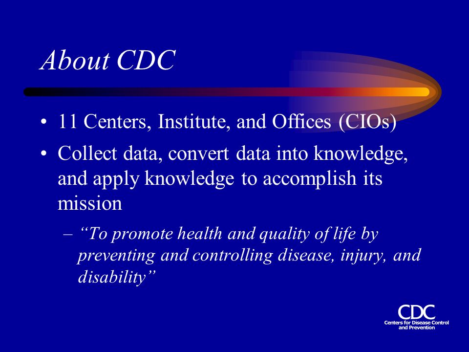 About CDC 11 Centers, Institute, and Offices (CIOs) Collect data, convert data into knowledge, and apply knowledge to accomplish its mission – To promote health and quality of life by preventing and controlling disease, injury, and disability