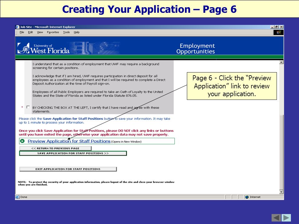 Page 6 - Click the Preview Application link to review your application.
