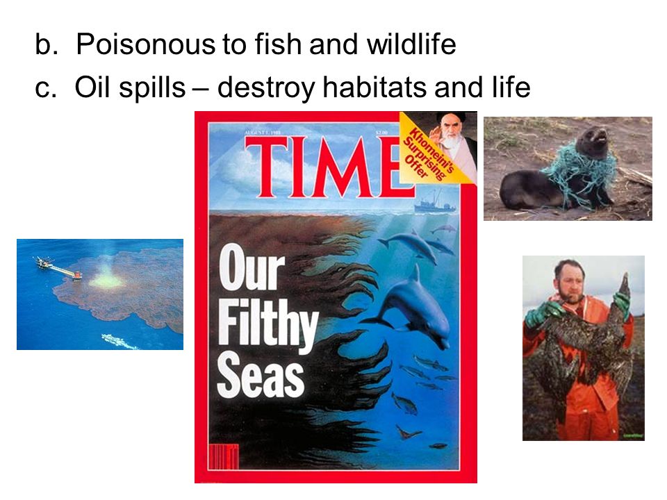 b. Poisonous to fish and wildlife c. Oil spills – destroy habitats and life