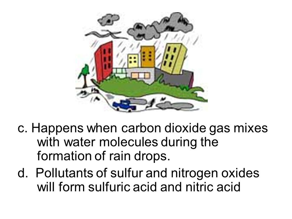c. Happens when carbon dioxide gas mixes with water molecules during the formation of rain drops.