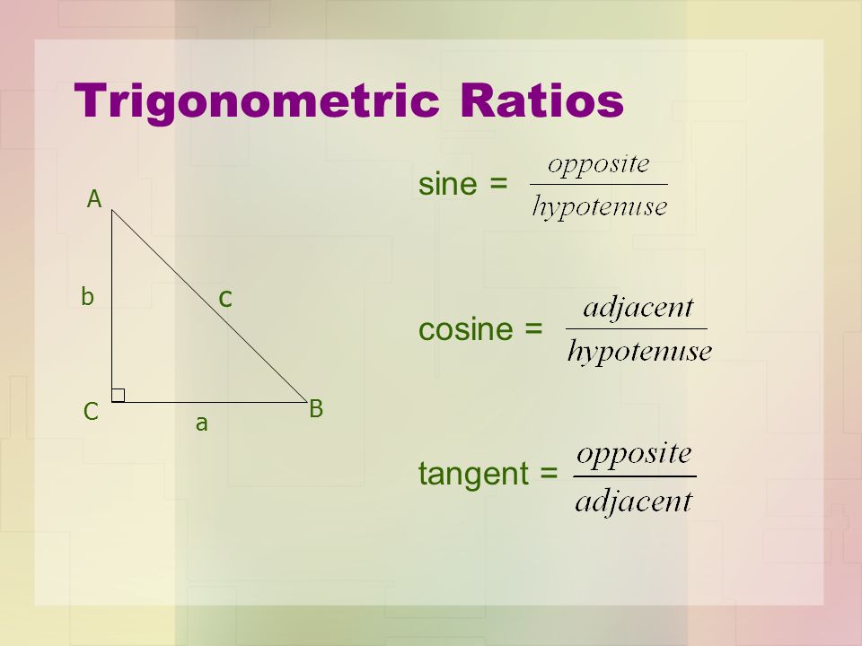 Trigonometric Ratios sine = cosine = tangent = A B C c b a