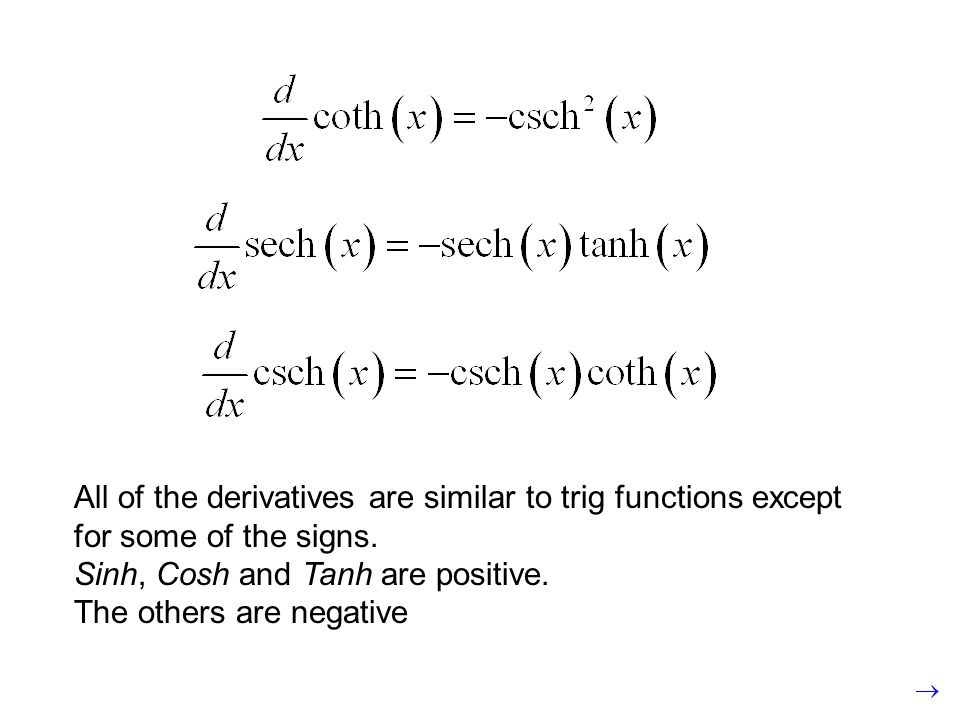 All of the derivatives are similar to trig functions except for some of the signs.