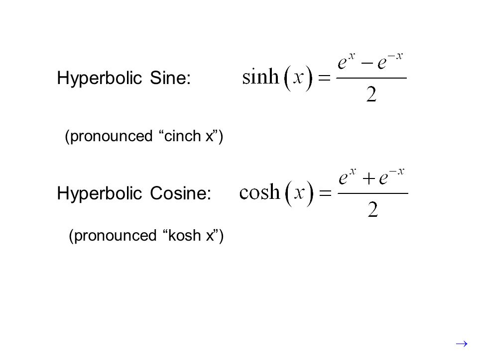 Hyperbolic Sine: (pronounced cinch x ) Hyperbolic Cosine: (pronounced kosh x )