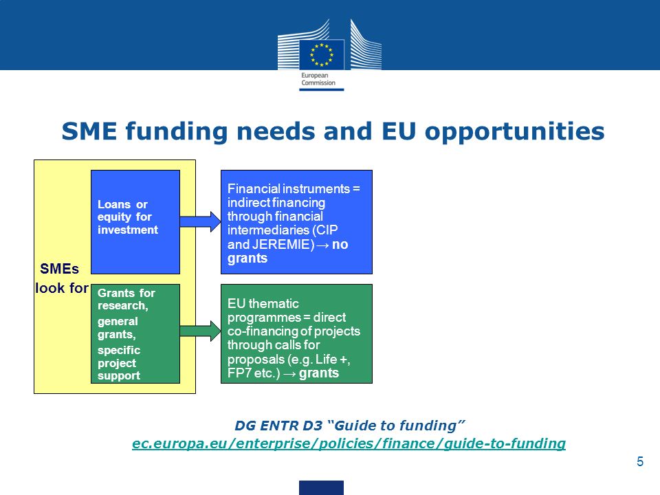 5 SME funding needs and EU opportunities Loans or equity for investment Grants for research, general grants, specific project support SMEs look for Financial instruments = indirect financing through financial intermediaries (CIP and JEREMIE) → no grants EU thematic programmes = direct co-financing of projects through calls for proposals (e.g.