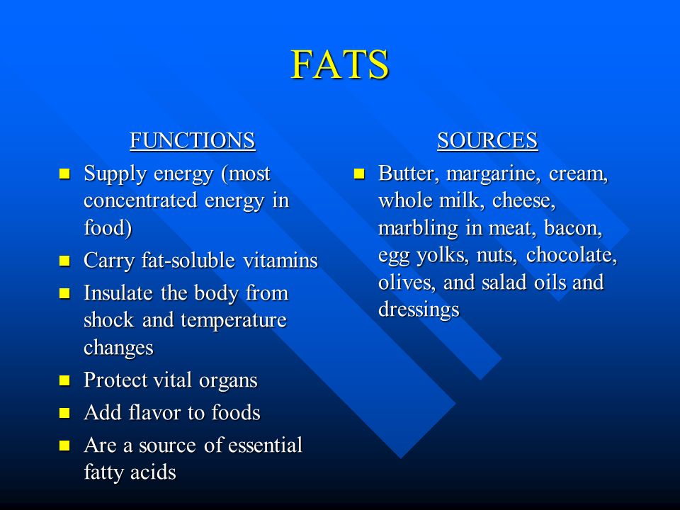FATS FUNCTIONS Supply energy (most concentrated energy in food) Supply energy (most concentrated energy in food) Carry fat-soluble vitamins Carry fat-soluble vitamins Insulate the body from shock and temperature changes Insulate the body from shock and temperature changes Protect vital organs Protect vital organs Add flavor to foods Add flavor to foods Are a source of essential fatty acids Are a source of essential fatty acids SOURCES Butter, margarine, cream, whole milk, cheese, marbling in meat, bacon, egg yolks, nuts, chocolate, olives, and salad oils and dressings