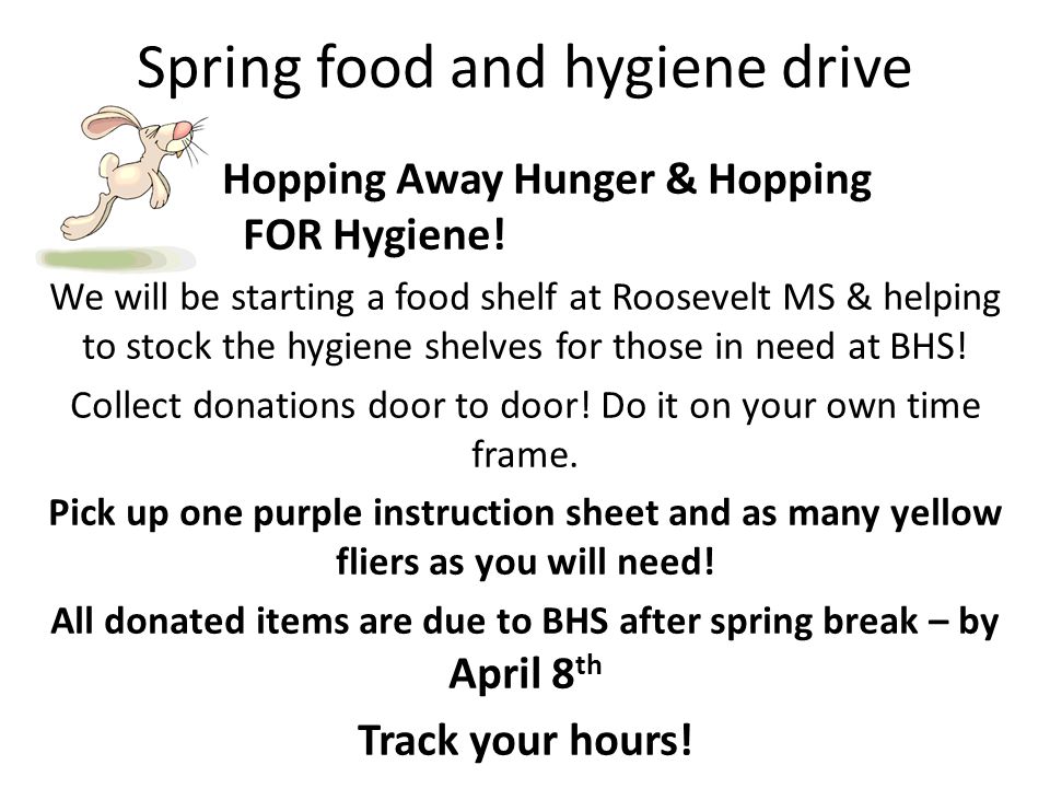 Spring food and hygiene drive Hopping Away Hunger & Hopping FOR Hygiene.