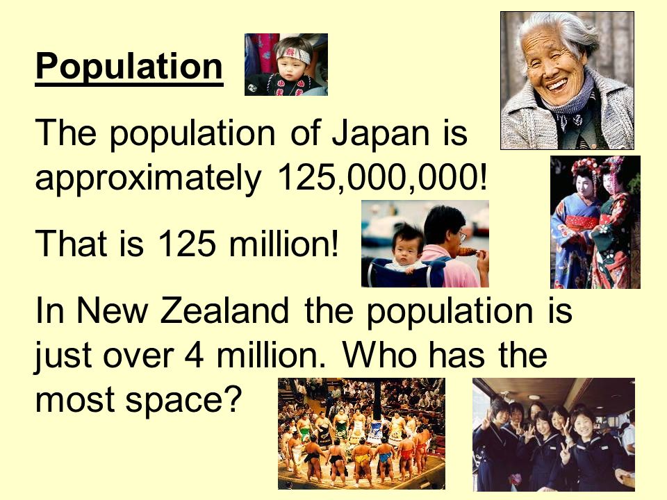 Population The population of Japan is approximately 125,000,000.