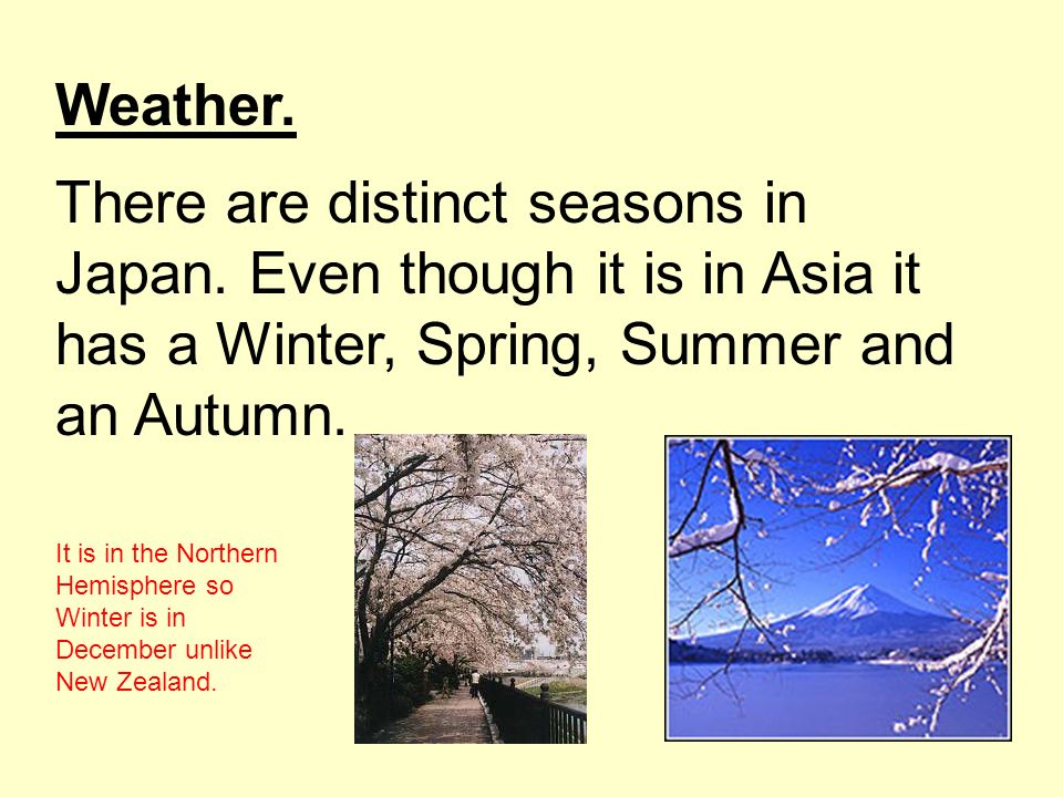 Weather. There are distinct seasons in Japan.