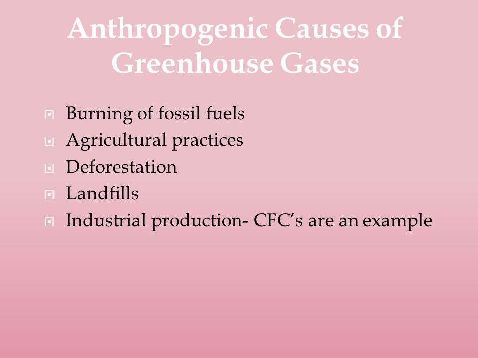  Burning of fossil fuels  Agricultural practices  Deforestation  Landfills  Industrial production- CFC’s are an example Anthropogenic Causes of Greenhouse Gases