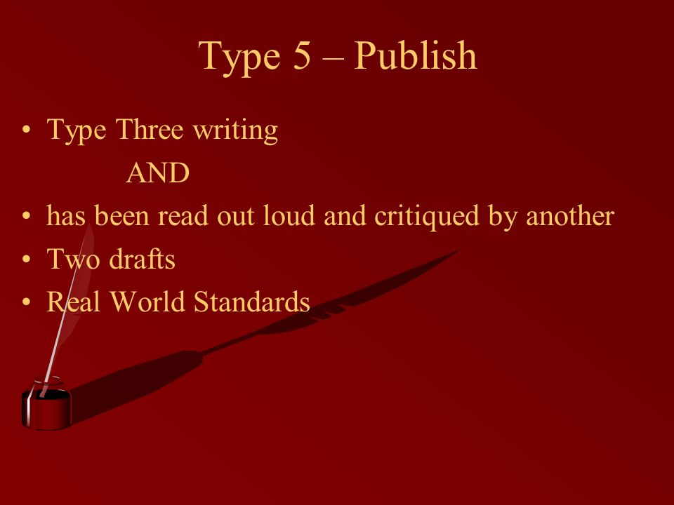 Type 5 – Publish Type Three writing AND has been read out loud and critiqued by another Two drafts Real World Standards