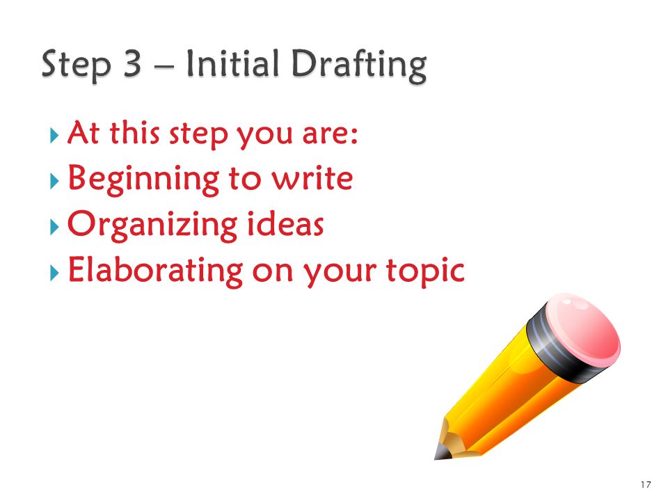  At this step you are:  Beginning to write  Organizing ideas  Elaborating on your topic 17