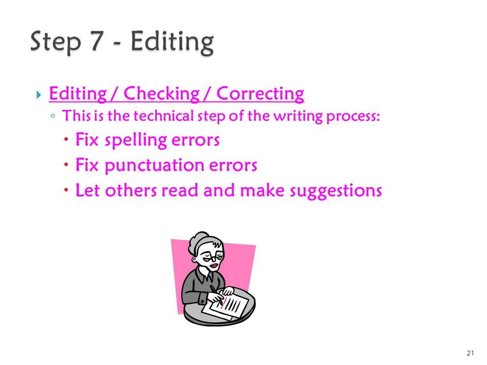  Editing / Checking / Correcting ◦ This is the technical step of the writing process:  Fix spelling errors  Fix punctuation errors  Let others read and make suggestions 21
