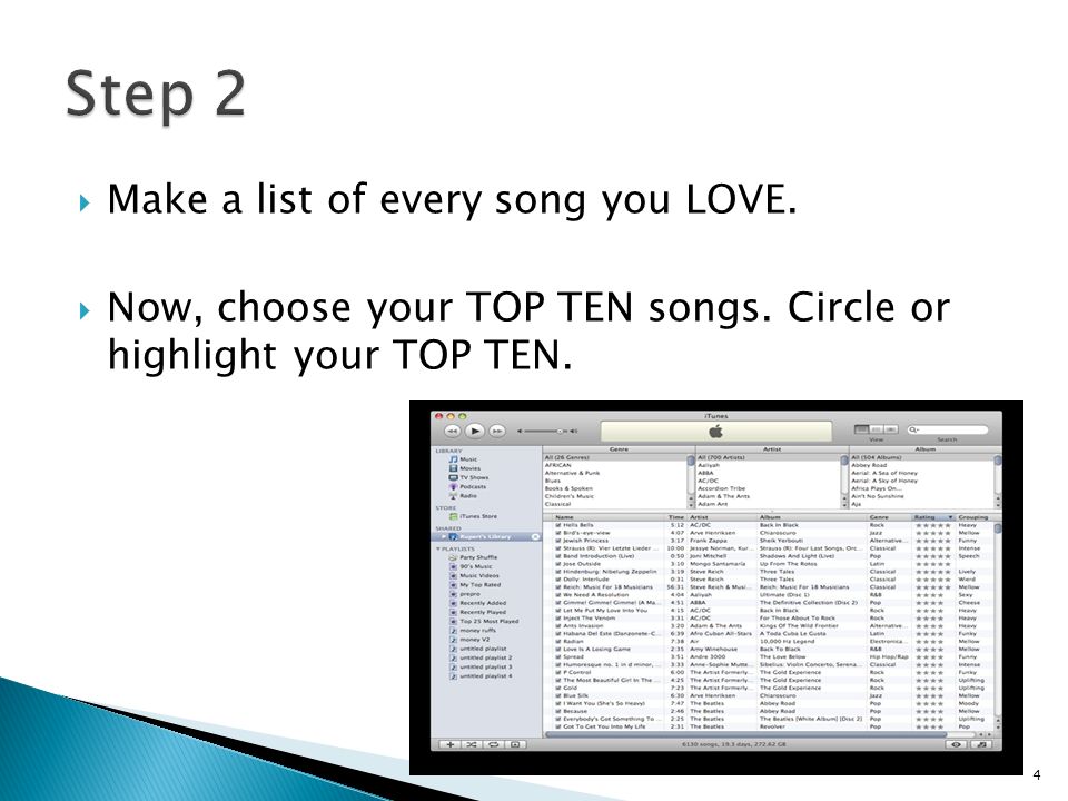  Make a list of every song you LOVE.  Now, choose your TOP TEN songs.