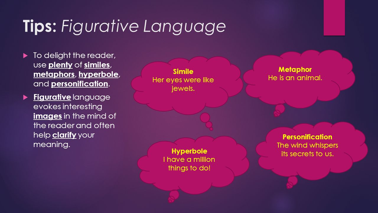 Tips: Figurative Language  To delight the reader, use plenty of similes, metaphors, hyperbole, and personification.