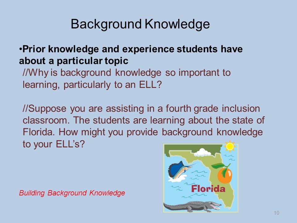 Prior knowledge and experience students have about a particular topic //Why is background knowledge so important to learning, particularly to an ELL.